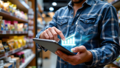 A person using a digital tablet to analyze sales data in a retail environment, showcasing modern technology in business.