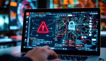 A person using a laptop to analyze cybersecurity threats with digital interfaces and warning signs displayed.