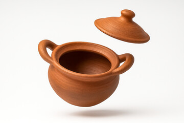 Traditional Thai clay pot with open lid on white background