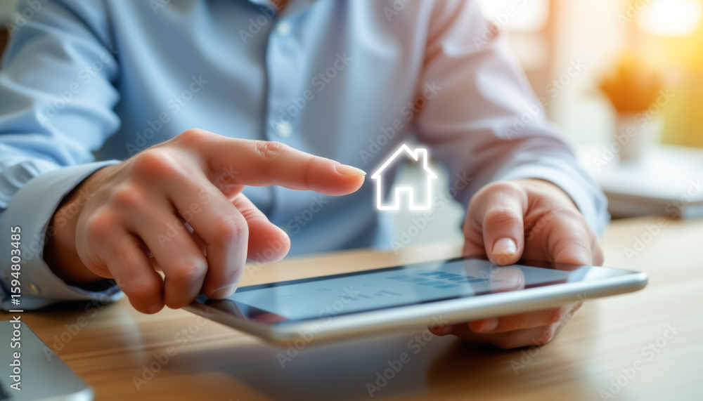 Poster a professional using a tablet to interact with a digital interface, showcasing modern technology in 