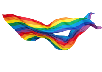 A single flowing rainbow fabric sash, luxurious silk with vibrant gradient colors, elegantly draped on a seamless transparent studio background with shadowless lighting, high-end product photography