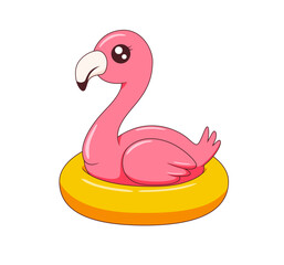 illustration of a flamingo using a swimming ring in summer, suitable for summer and holiday themed designs