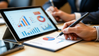 A professional setup showing a tablet with business graphs and a hand writing with a pen, symbolizing strategy and analysis.