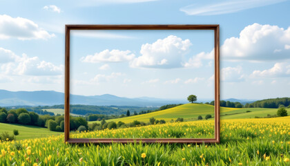 A scenic view of rolling hills and clear skies framed beautifully, showcasing nature's tranquility and beauty.