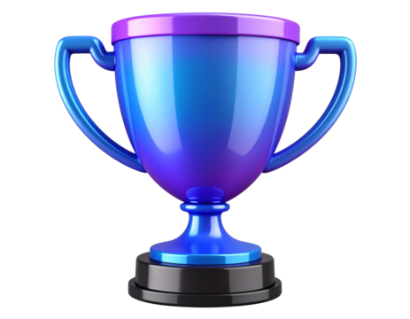 3D glossy trophy icon with vibrant blue-to-purple gradient and reflective finish, isolated on transparent background PNG