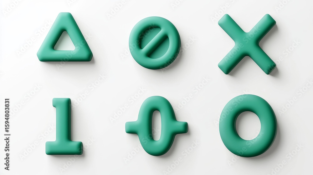 Poster math 3d icon set featuring green arithmetic symbols plus, minus, equals, multiply, and divide displa