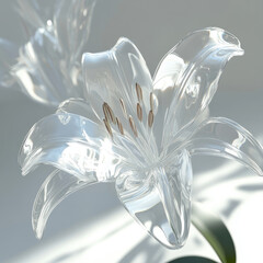 3D glass flower close-up, isolated, on a white background. Delicate palette, stylish print for women's clothing, decorative element, template for a romantic postcard.