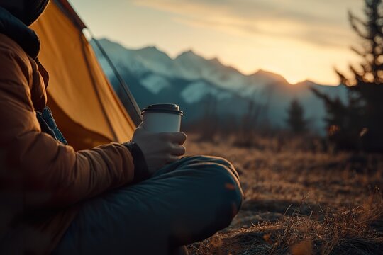 Camper holding coffee cup by tent during sunrise in mountains - Powered by Adobe