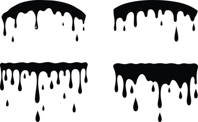 Dripping slime silhouettes vector set, melting liquid shapes, black paint drip icons, horror slime border elements, goo design illustration