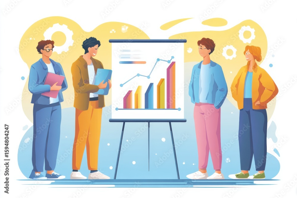Aufkleber team of professionals analyzing growth charts in a bright office setting with abstract background