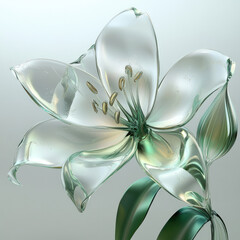 3D glass flower close-up, isolated, on a white background. Delicate palette, stylish print for women's clothing, decorative element, template for a romantic postcard.