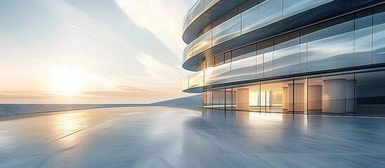 モダンな曲線のガラス張り建築物 外観 抽象的な都市デザインとコンクリートの床