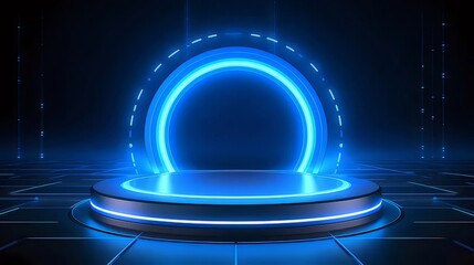 青い輝くアーチのポータルステージと未来的なテクノロジーの抽象的な背景のデザイン