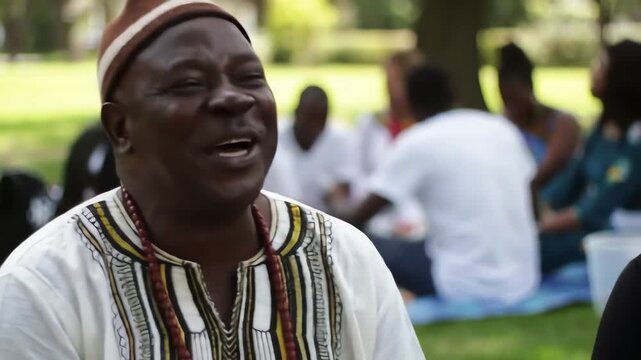 A joyful elderly African man in traditional clothing laughs heartily during an outdoor community gathering in a park