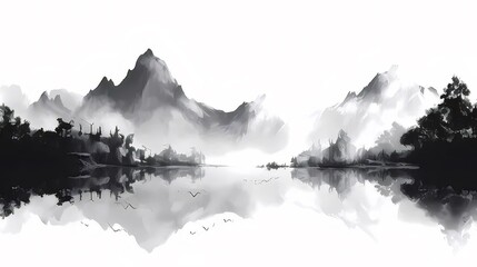 黒と白の墨絵の風景 山々と水面が静かな湖に反射する平和な雰囲気