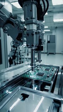 Vertical automated pcb manufacturing robotic arm assembly line. PCB automation improves quality speed. Automated pcb manufacturing process represents future modern industry.