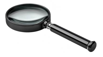 A black magnifying glass with a silver accent is isolated on transparent background for detailed inspection and enhanced visibility