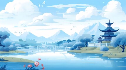 青と白のピクセルアート風景 山と湖畔の伝統的な建物と橋と空