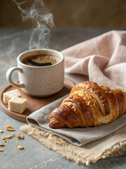 Warm croissant rests on linen napkin beside steaming cup of coffee, creating cozy and inviting atmosphere perfect for delightful breakfast or snack