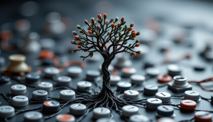 A unique representation of a tree rising from a sea of buttons, symbolizing growth and connection in a digital world.