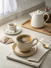 Cozy overhead shot of coffee moment featuring steaming cup of coffee, teapot, and sugar cubes on serene kitchen countertop. warm atmosphere invites relaxation and enjoyment