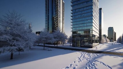 Snow-Covered Park Beside City Buildings