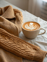 Cozy cardigan sleeve and latte art create warm atmosphere, perfect for relaxation. soft texture of cardigan complements beautifully crafted coffee, inviting comfort