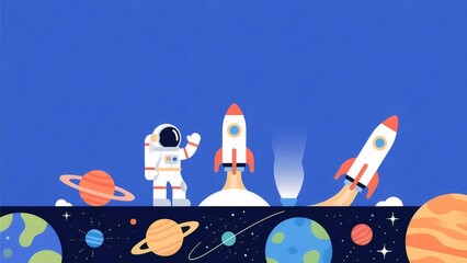 宇宙飛行士とロケットのピクセルアート ブルーの背景に惑星と星が散りばめられたレトロなスタイル