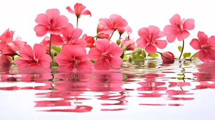 白い背景に水面に反射するピンク色のゼラニウムの花のクローズアップイメージ