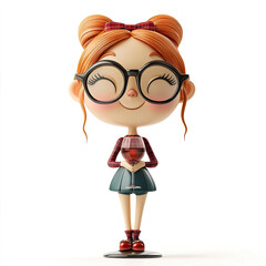 3D funny cartoon girl in glasses close-up, isolated, on a white background. Ironic character for advertising, logo, cute children's print, illustration for printing on fabric, paper, porcelain, cerami