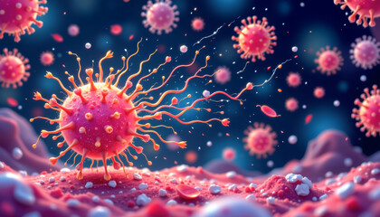 A vibrant illustration of viruses in action, showcasing their intricate structure in a colorful microscopic environment.