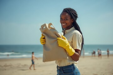 African American woman wearing latex gloves collecting rubbish from the beach