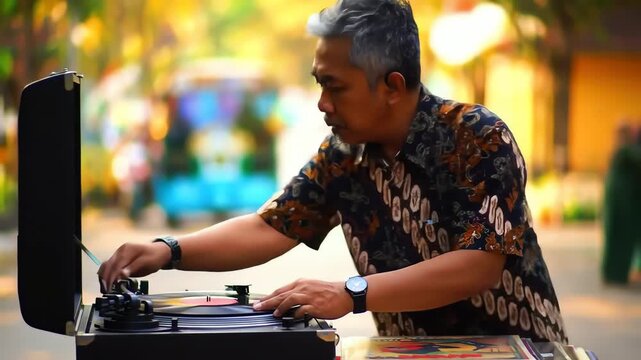 Middle aged Asian man in a batik shirt playing a classic vinyl record on a turntable outdoors
