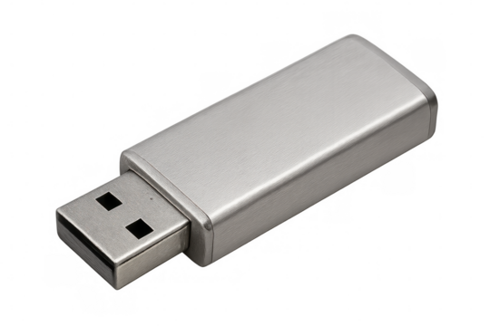 Close-up of brushed metal usb flash drive, isolated on transparent background, ready for data storage