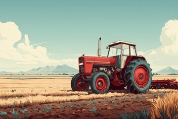 Vintage tractor plowing a golden field under a clear blue sky with mountains in the background
