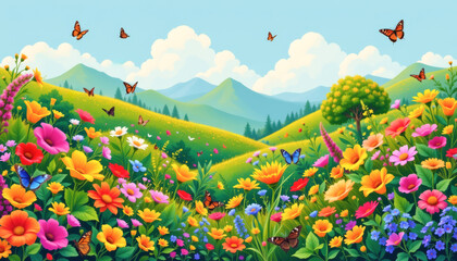 A vibrant meadow filled with colorful flowers and butterflies under a bright blue sky with mountains in the background.