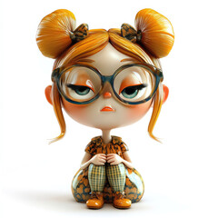 3D funny cartoon girl in glasses close-up, isolated, on a white background. Ironic character for advertising, logo, cute children's print, illustration for printing on fabric, paper, porcelain, cerami
