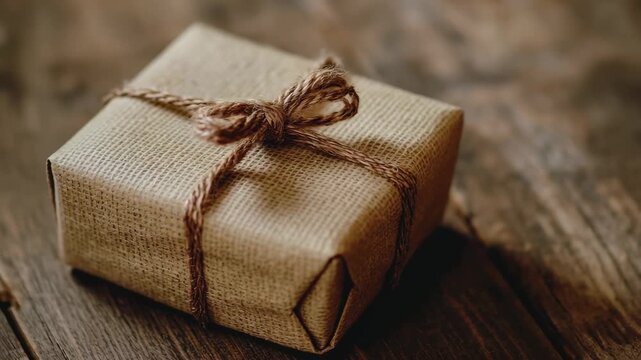 A beautifully wrapped brown gift parcel rests on a weathered wooden table, embodying the spirit of giving.