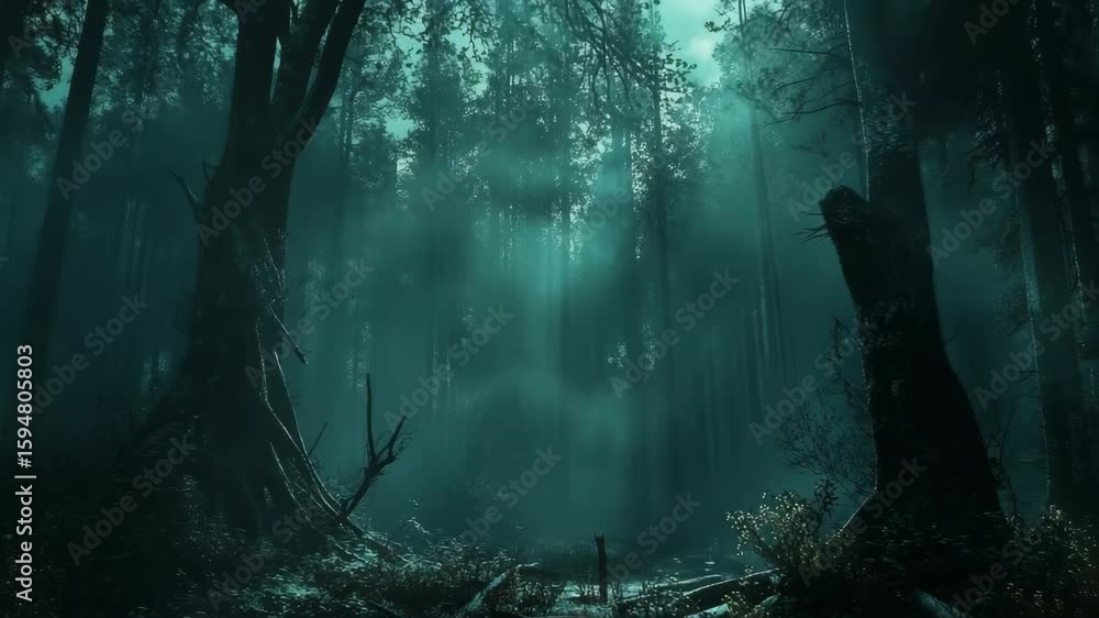 Poster amidst towering trees draped in soft mist, a mystical atmosphere unfolds. the interplay of light and