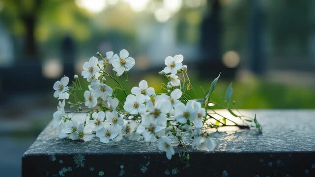 Delicate white flowers lie atop a weathered stone, basking in the warm glow of sunset. The tranquility of the cemetery offers a reflective moment, embodying beauty and remembrance.