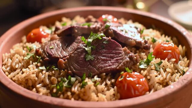 A traditional Saudi Arabian dish of beef kabsa served with flavorful rice, garnished with herbs and cherry tomatoes in a rustic clay bowl