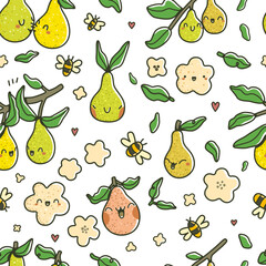 Seamless pattern with cute cartoon pears, bees, flowers, leaves, and hearts. Hand-drawn vector illustration in kawaii style with joyful fruit characters and spring elements.
