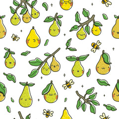 Seamless pattern with cute cartoon pears, bees, green leaves, and branches. Hand-drawn vector illustration in kawaii style with smiling fruit characters and playful decorative elements.