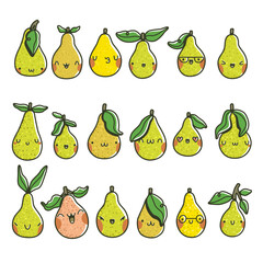 Set of cute cartoon pear characters with different facial expressions and leaf decorations. Hand-drawn vector illustration in kawaii style with playful and cheerful mood.
