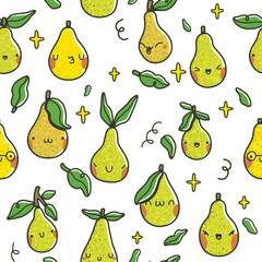Seamless pattern with cute cartoon pears, green leaves, and sparkling yellow stars. Hand-drawn vector illustration in kawaii style with happy fruit characters and playful details.