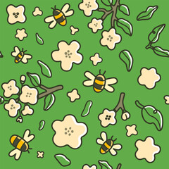 Seamless pattern with cute bees, cartoon flowers, and green leaves on a spring green background. Hand-drawn vector illustration in playful style with nature and garden elements.