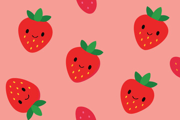 Cute Strawberry Pattern with Smiling Faces on a Pale Pink Background Illustration