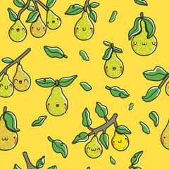 Seamless pattern with cute cartoon pears, green leaves, and branches on a bright yellow background. Hand-drawn kawaii-style fruit characters with happy faces and playful mood.