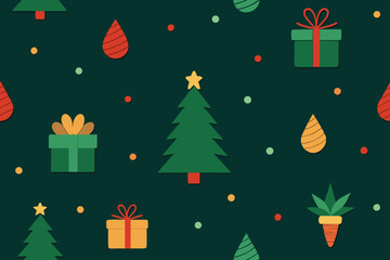 Dark Green Christmas Pattern with Cartoon Trees, Gifts, Holiday Drops, and Colorful Circles