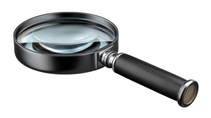 A magnifying glass with a black handle and chrome rim is isolated on transparent background